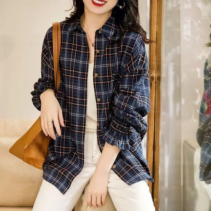 Long Plaid Button Down Shirt For Women Casual Office Wear Loose Fit Turn Down Collar Full Sleeve Spring Autumn Style