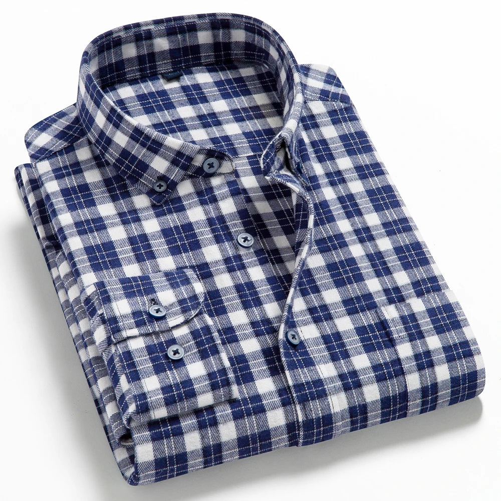 Men's Button Down Collar Contrast Plaid Pure Cotton Flannel Shirt with Left Chest Pocket Slim Fit Comfort Casual Brushed Shirts