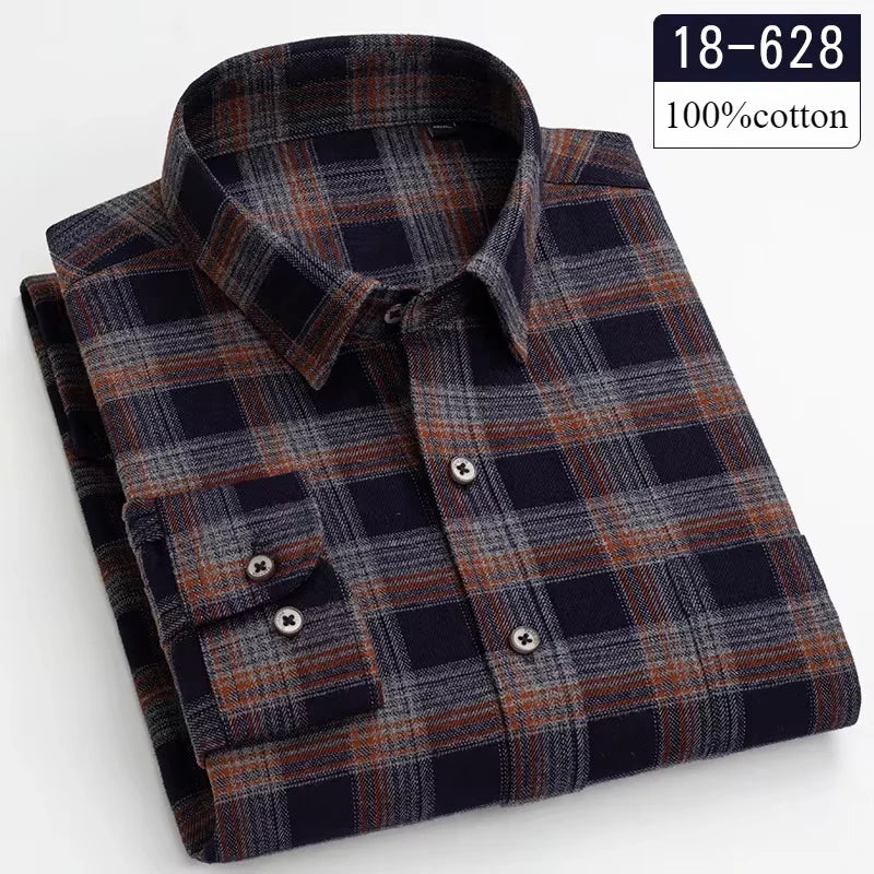 Men's 100% Cotton Brushed Slim Fit Long Sleeve Shirt — Plaid & Striped Casual Autumn