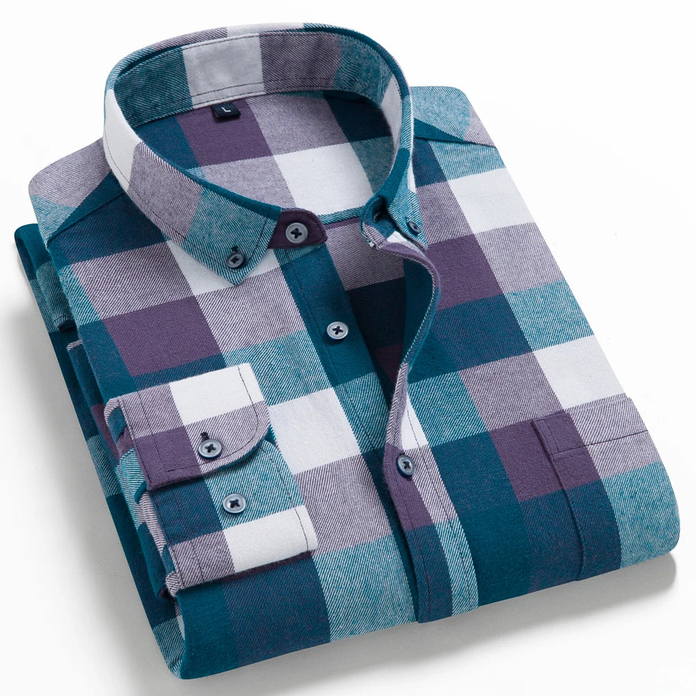 Men's Button Down Collar Contrast Plaid Pure Cotton Flannel Shirt with Left Chest Pocket Slim Fit Comfort Casual Brushed Shirts
