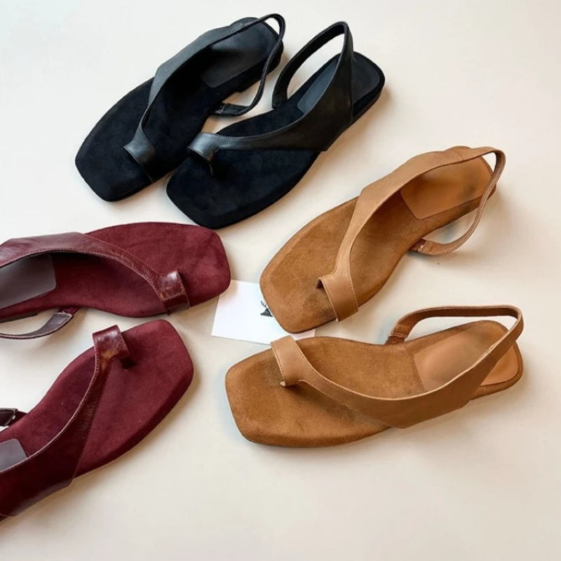 Women Flat Sandals Casual Soft Leather Suede Square Clip Toe Summer Shoes for Women Beach Party Daily Wear Sandalias Mujer