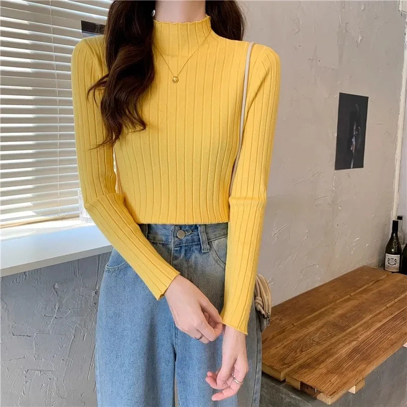 Woman Sweaters 2025 Autumn Winter Knitted Ribbed Turtleneck Sweater Women Clothes Long Sleeve Slim Basic Pullover Solid Tops
