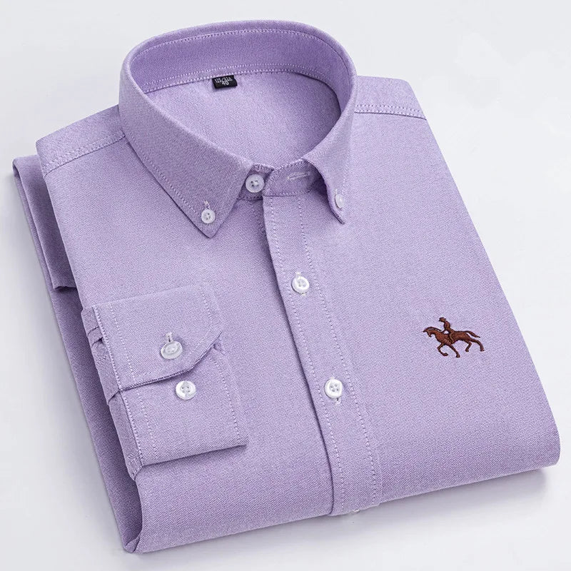 Men's 100% Cotton Oxford Washed Long Sleeve Dress Shirt — Embroidered Business Casual