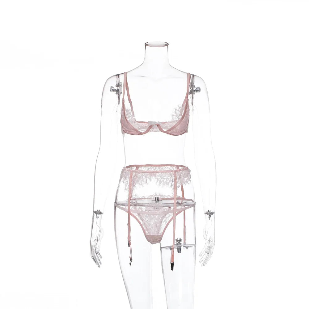 Women Pink Lace Bra and Panty Set Set Bathing Club Outfits Underwear Bralette Lace Brief Sexy Intimates Lingerie Set Straps