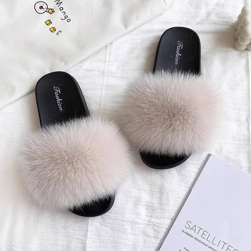 Fashion Lovely Real Fox Fur Slippers Women, Luxury Flat Sandals