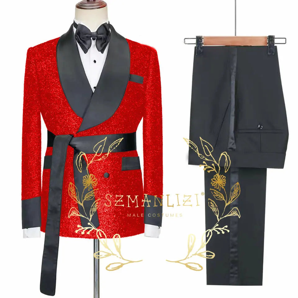 2026 Tailor-Made Shiny Black Groom Tuxedo Double Breasted Men Suit Prom Wedding Party Mens Suits Costume ( jacket+Pants+Belt)