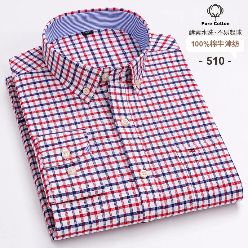 Lynett Lamar Men's 100% Cotton Oxford Plaid Long Sleeve Dress Shirt — Regular Fit Casual S–7XL