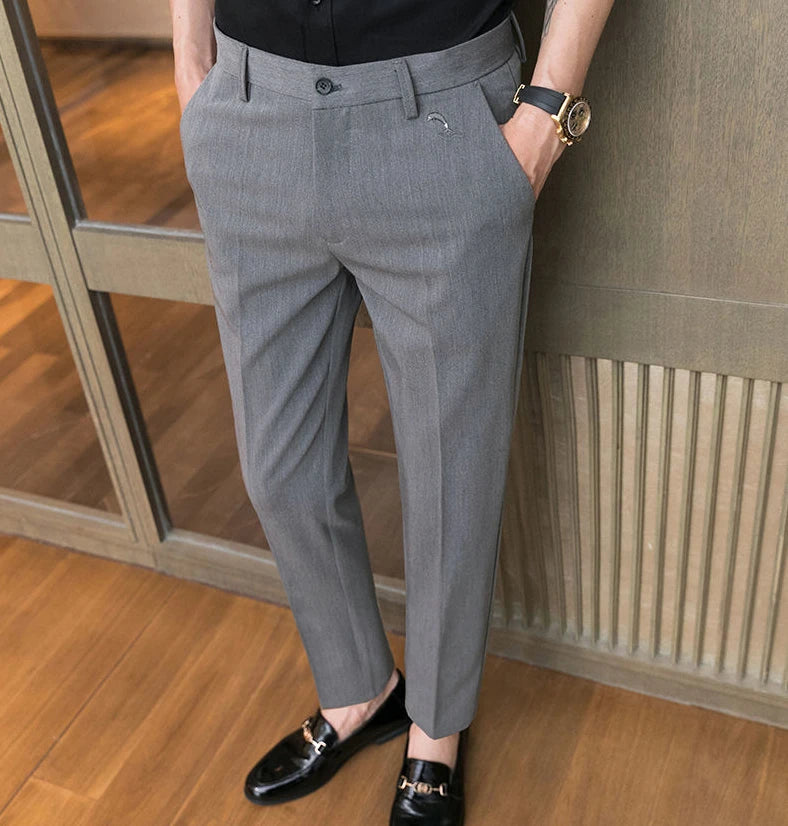 Trousers for Men Cropped Slim Fit Formal Work Casual Pants Man Dress Tailoring Baggy Polyester Slacks Korean Style Cotton Sale