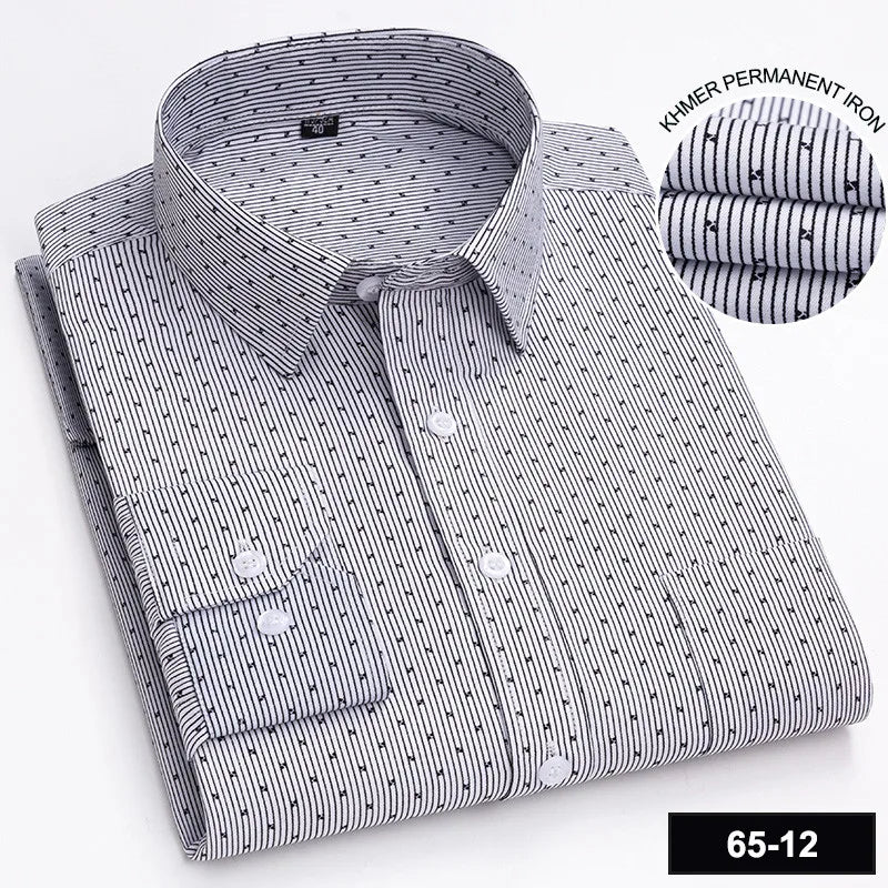 Men's Printed Plaid & Stripe Long Sleeve Casual Shirt — Single Pocket Business Formal Four Seasons