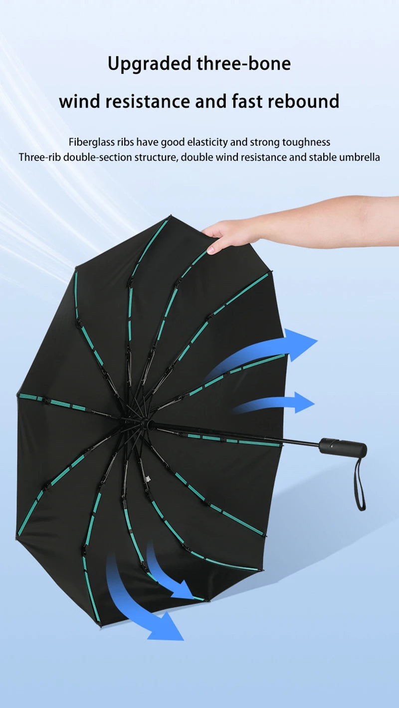 Extra Large Auto Open Close Umbrella Windproof Reverse Fold Sun Rain UV Protection Black Layer Sunshade for Outdoor Travel Use