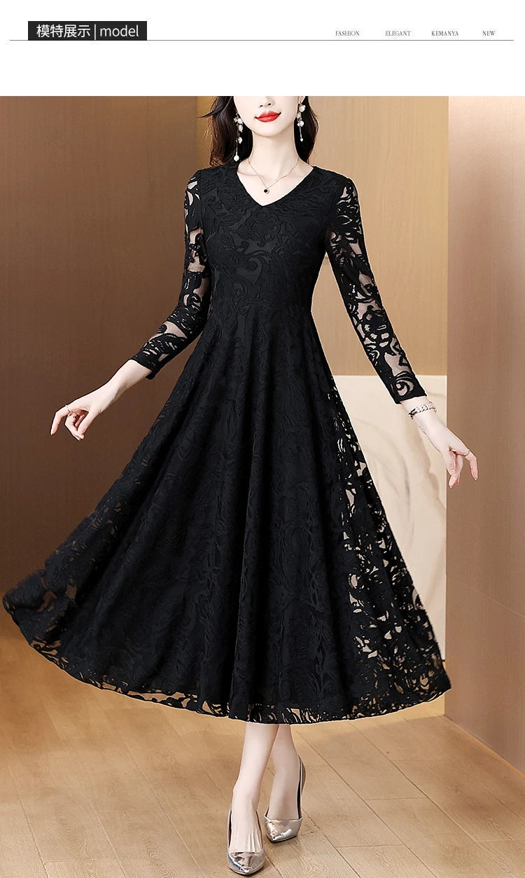 Women Vintage V-neck Lace Hollow Out Sexy Dress 2025 Elegant Bodycon Party Vestidos Spring Autumn Black Long Sleeve Midi Dresses