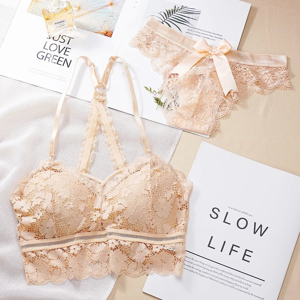 Women Underwear Sets Backless Bra Lace Panty Sexy Thong Sexy Lace Hollow Deep V Push Up Lingerie Sets