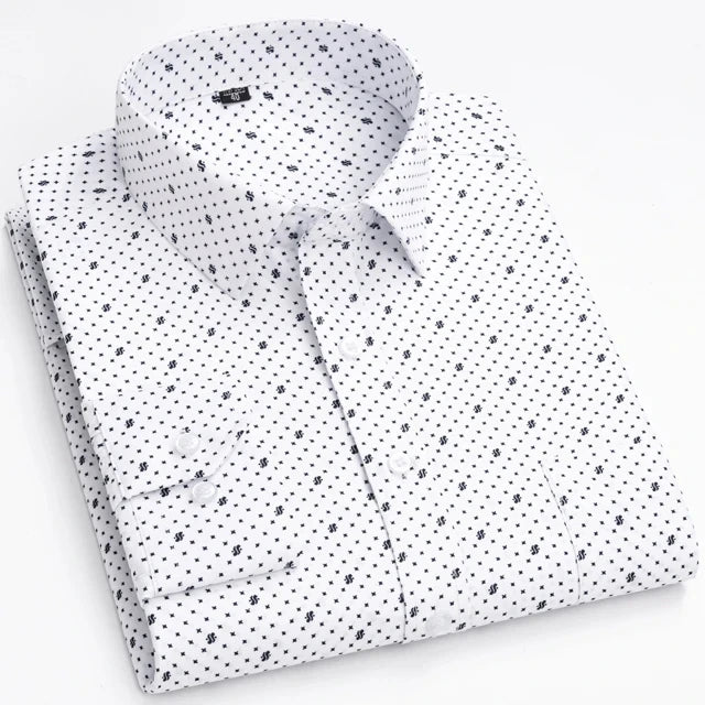 Men's Printed Plaid & Stripe Long Sleeve Casual Shirt — Single Pocket Business Formal Four Seasons