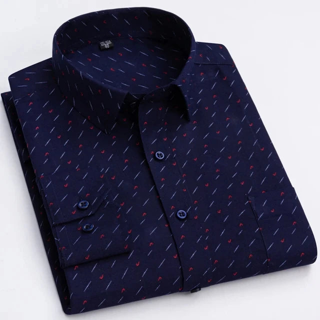 Men's Printed Plaid & Stripe Long Sleeve Casual Shirt — Single Pocket Business Formal Four Seasons