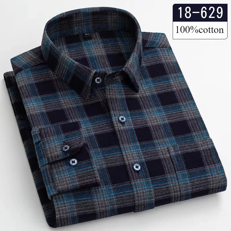 Men's 100% Cotton Brushed Slim Fit Long Sleeve Shirt — Plaid & Striped Casual Autumn