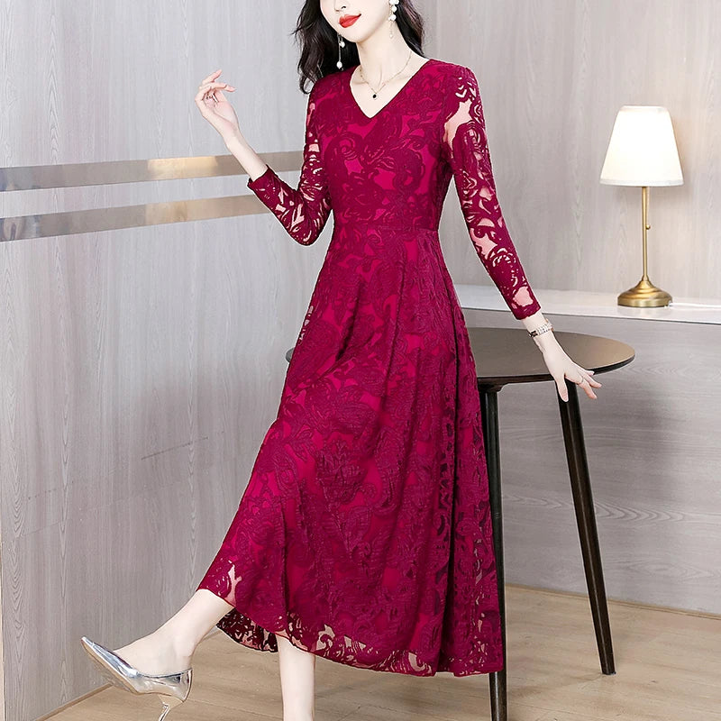 Women Vintage V-neck Lace Hollow Out Sexy Dress 2025 Elegant Bodycon Party Vestidos Spring Autumn Black Long Sleeve Midi Dresses