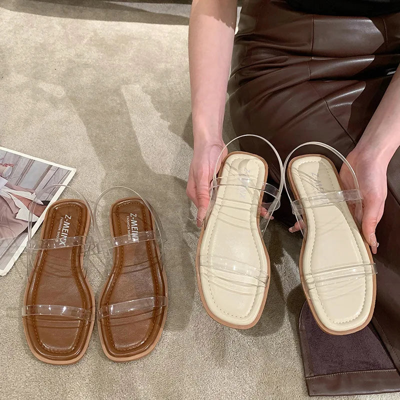 Transparent Flat Sandals Women Summer Shoes New Temperament Soft Bottom Slip on Ladies Shoes Casual Beach Sandalias De Mujer
