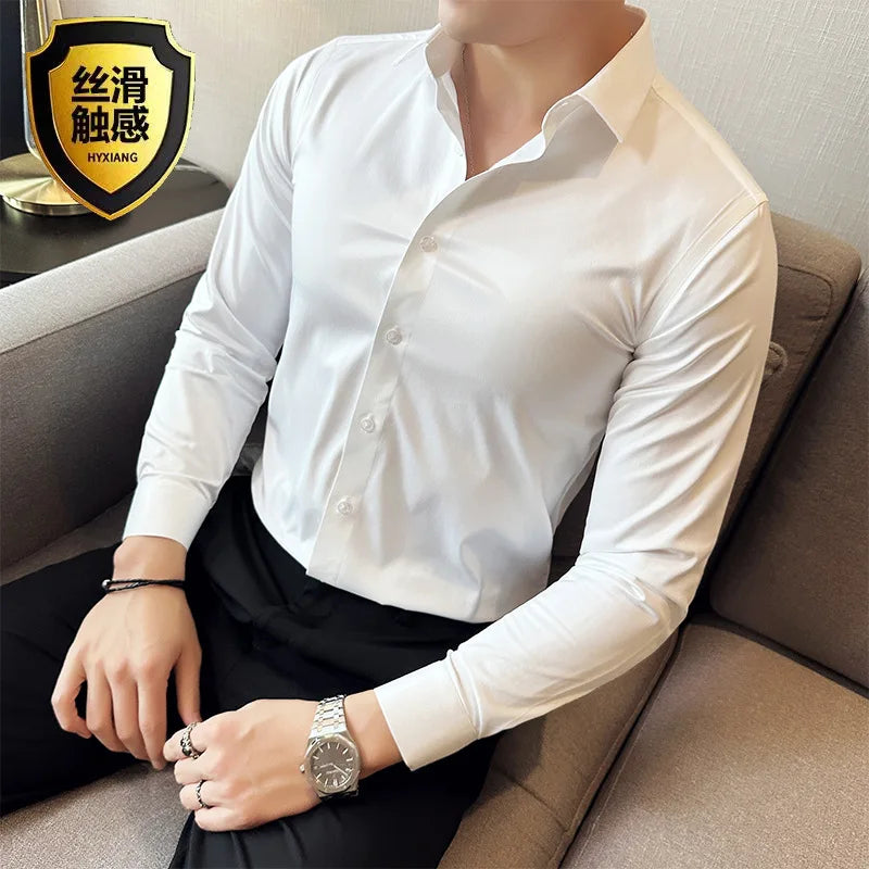 Lynett Lamar Men's Silk-Feel Non-Iron Long Sleeve Shirt — Seamless Stretch Business Casual