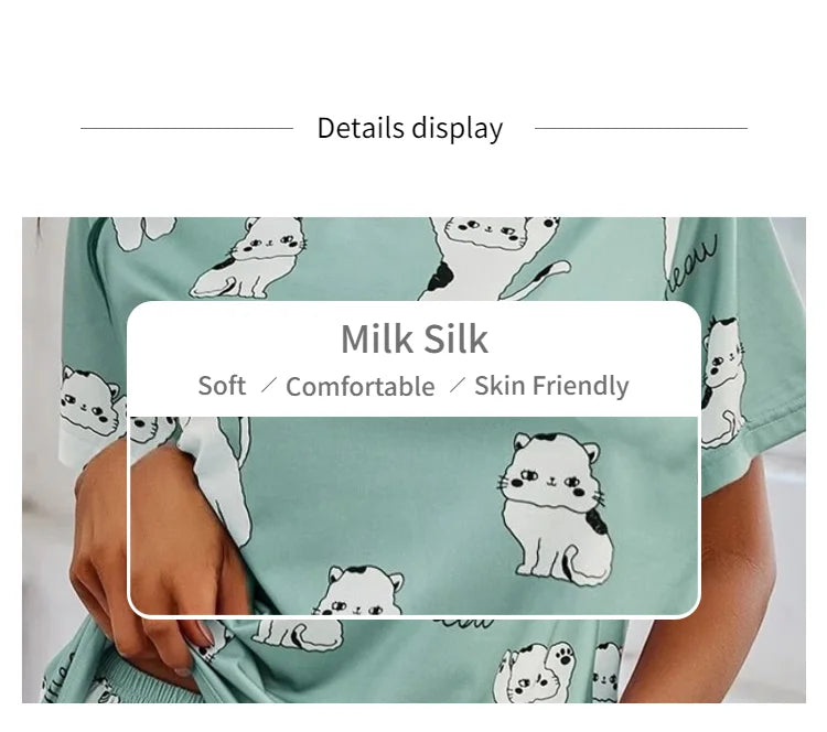 Women's Loungewear Casual Cute Print Nightwear Short Sleeve Crew Neck T-Shirt And Shorts Pajama Set Sleepwear Lounge Two Piece