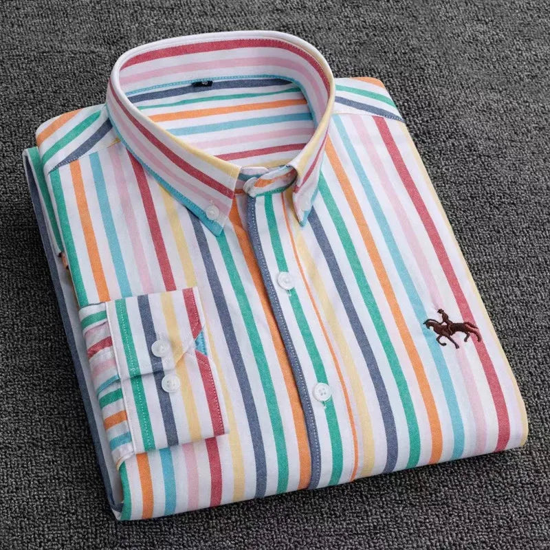 Men's 100% Cotton Oxford Washed Long Sleeve Dress Shirt — Embroidered Business Casual