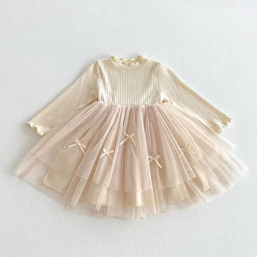2025 New Spring Sister Dress 2-6Yrs Girl Party Dress Long Sleeved Cotton Mesh Splicing Kids Princess Dresses Children Clothes