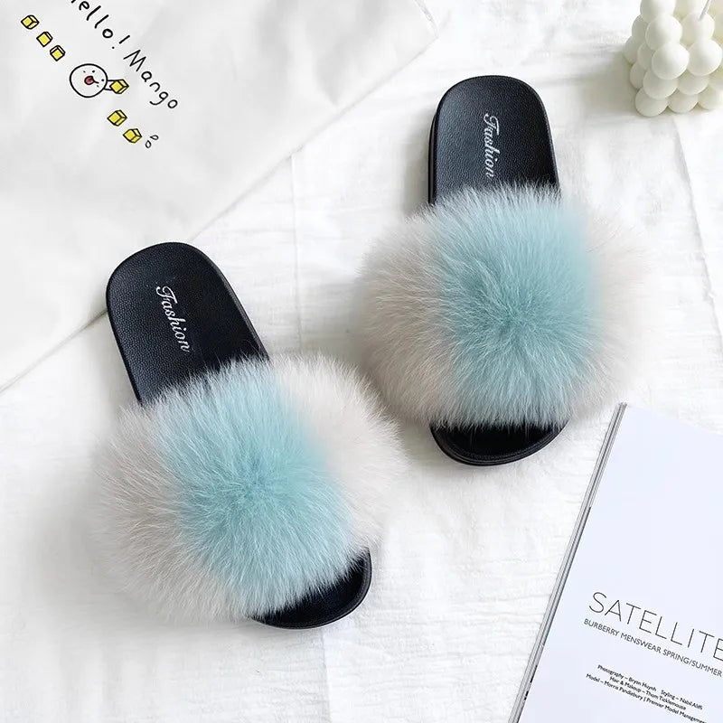 Fashion Lovely Real Fox Fur Slippers Women, Luxury Flat Sandals