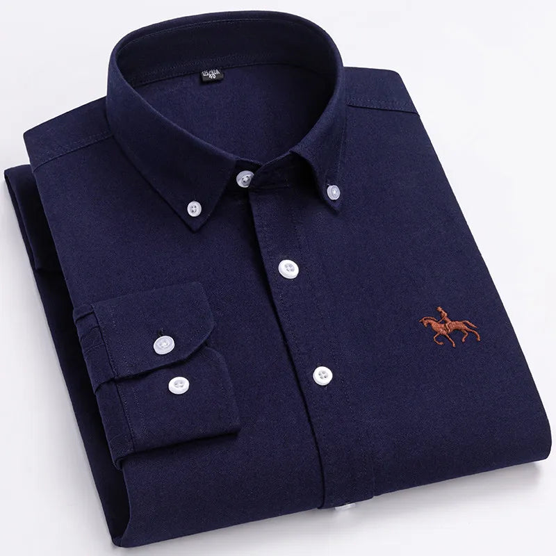 Men's 100% Cotton Oxford Washed Long Sleeve Dress Shirt — Embroidered Business Casual