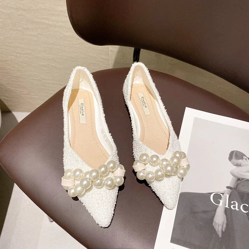 Flat Shoes for Women 2025 Spring Summer New Big Pearls Green White Women Flats Slip on Casual Loafers Zapatillas Mujer 44 45 46