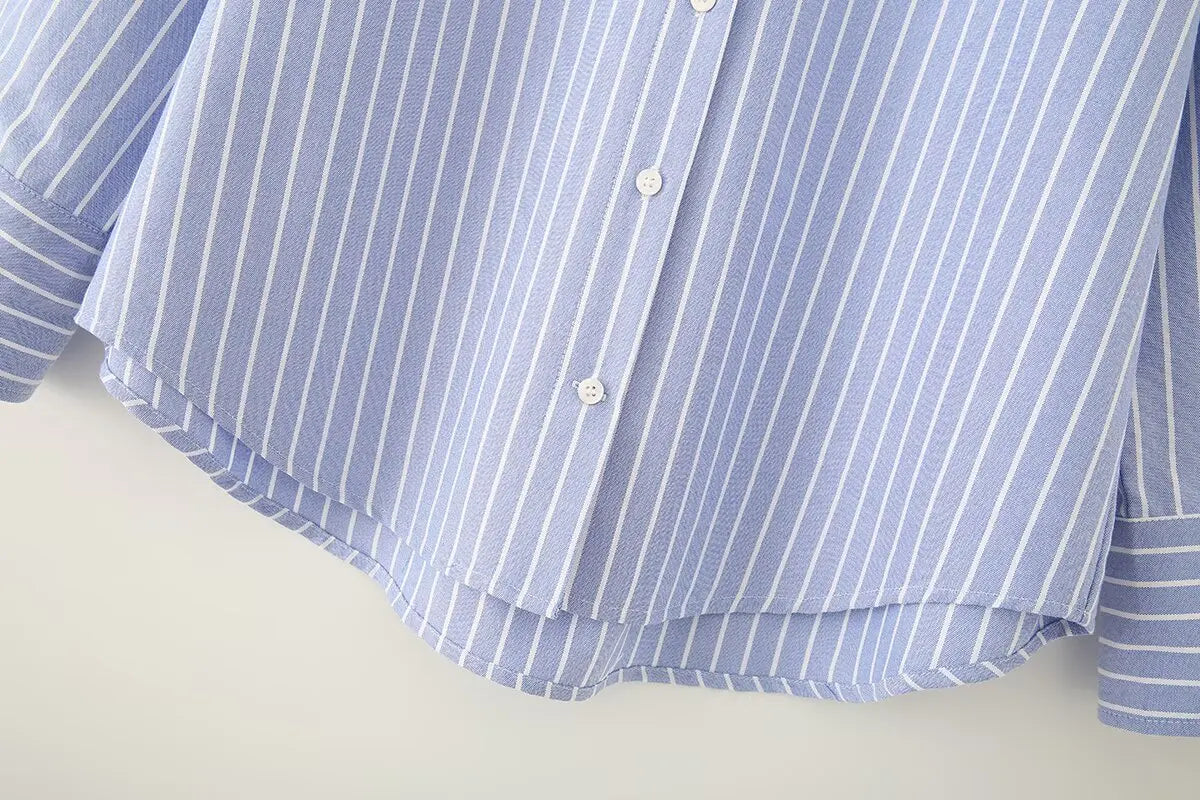 Blue Stripe Button-Down Shirt Women Oversized Fit Long Sleeve Spring Summer Elegant Office Casual Daily Wear Lightweight Top