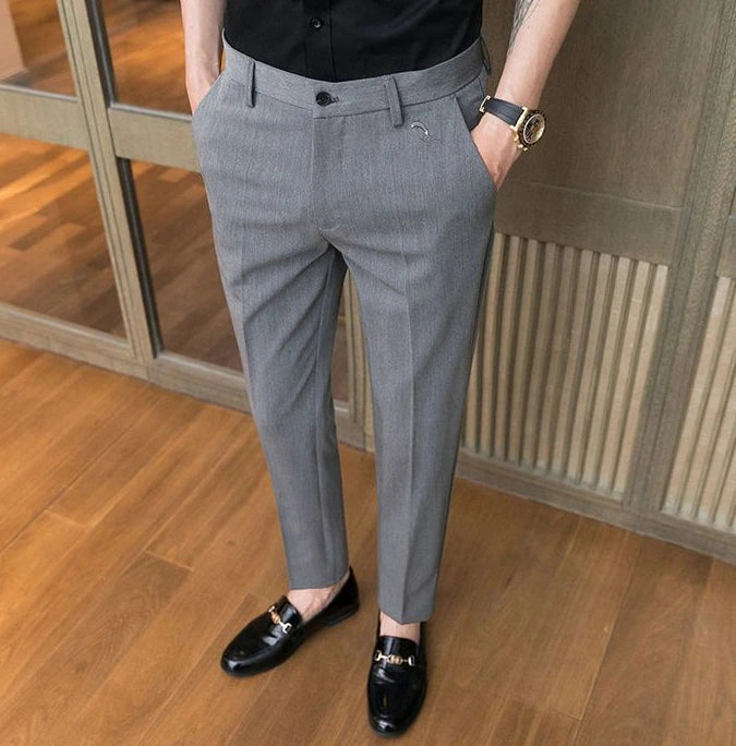 Trousers for Men Cropped Slim Fit Formal Work Casual Pants Man Dress Tailoring Baggy Polyester Slacks Korean Style Cotton Sale