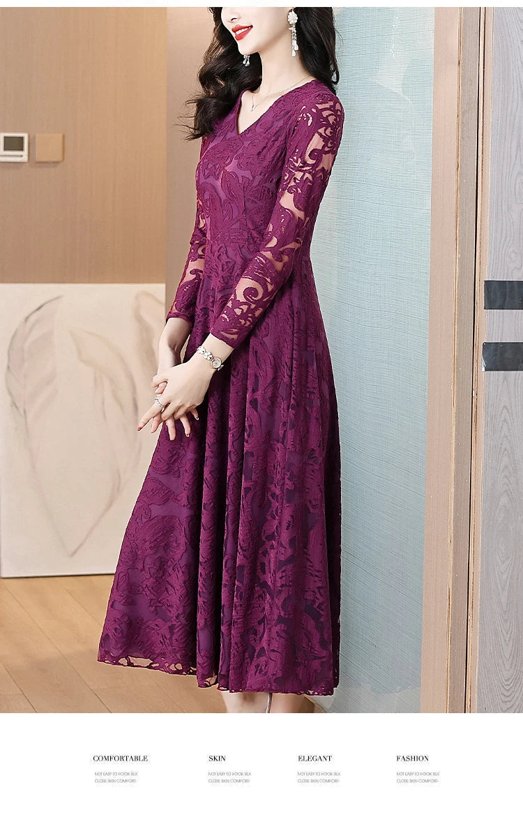 Women Vintage V-neck Lace Hollow Out Sexy Dress 2025 Elegant Bodycon Party Vestidos Spring Autumn Black Long Sleeve Midi Dresses