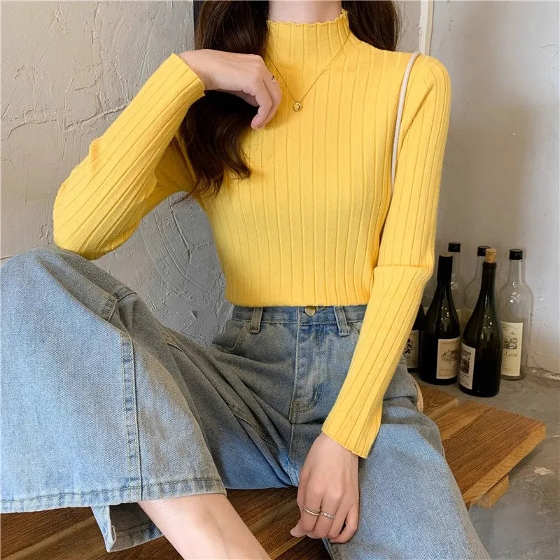 Woman Sweaters 2025 Autumn Winter Knitted Ribbed Turtleneck Sweater Women Clothes Long Sleeve Slim Basic Pullover Solid Tops