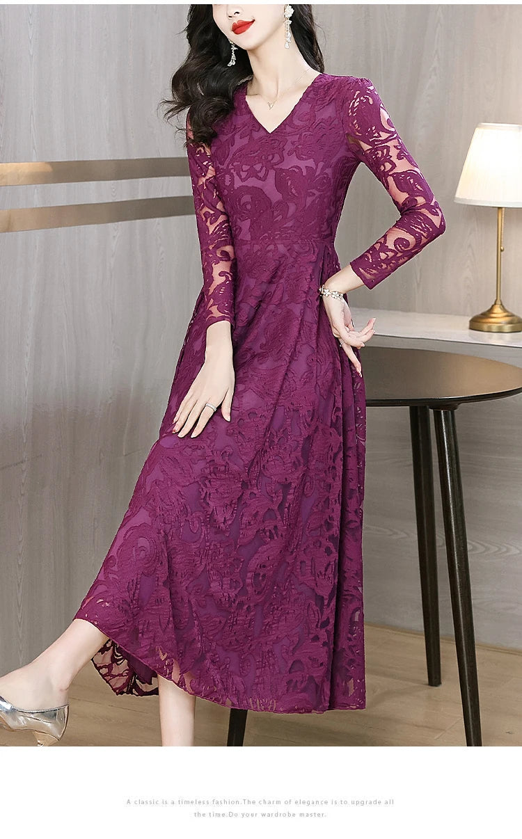 Women Vintage V-neck Lace Hollow Out Sexy Dress 2025 Elegant Bodycon Party Vestidos Spring Autumn Black Long Sleeve Midi Dresses