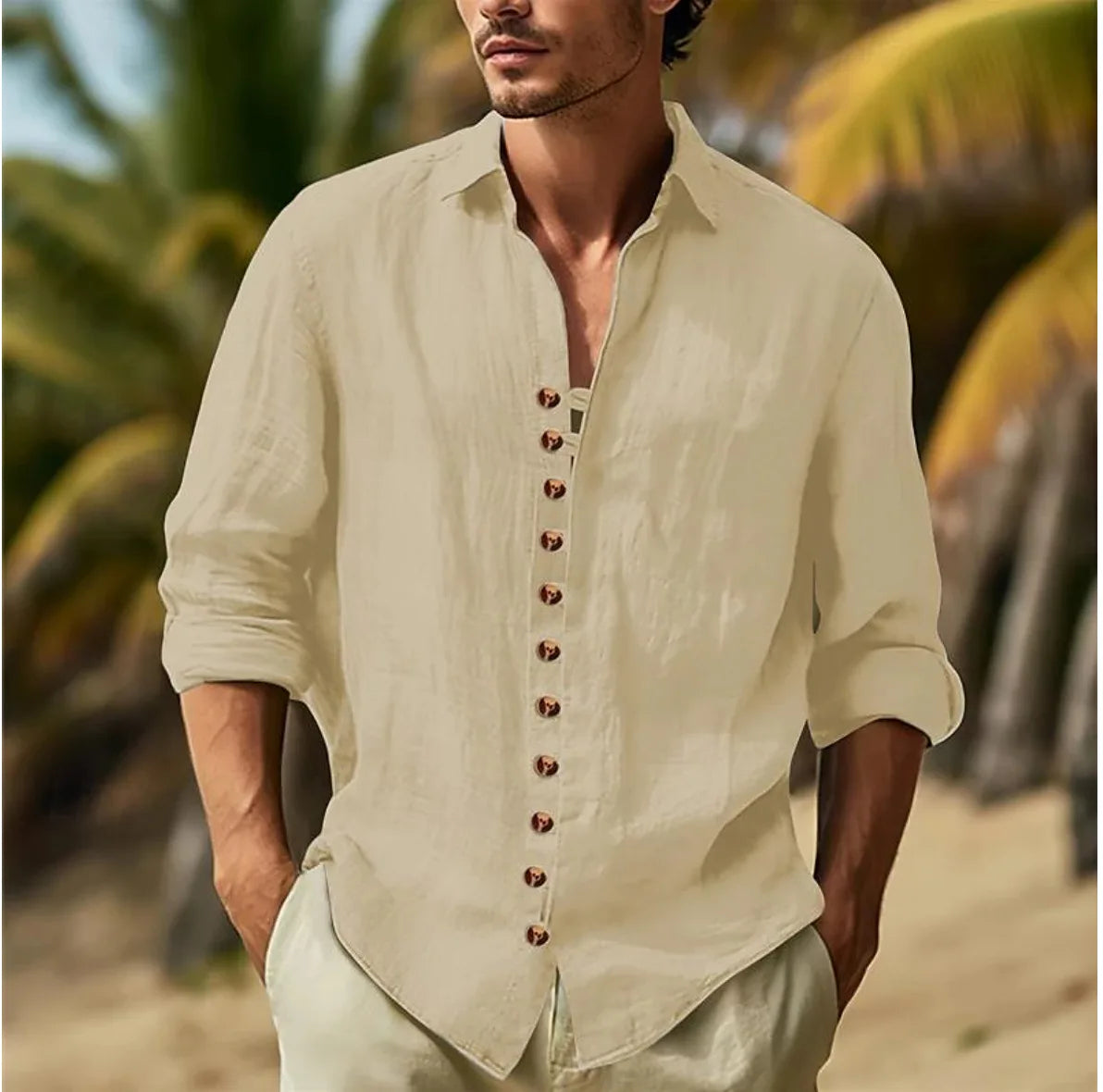Men's Button-down Casual Shirt Cotton Long-sleeve Shirt with Collar for Spring and Autumn Festivals