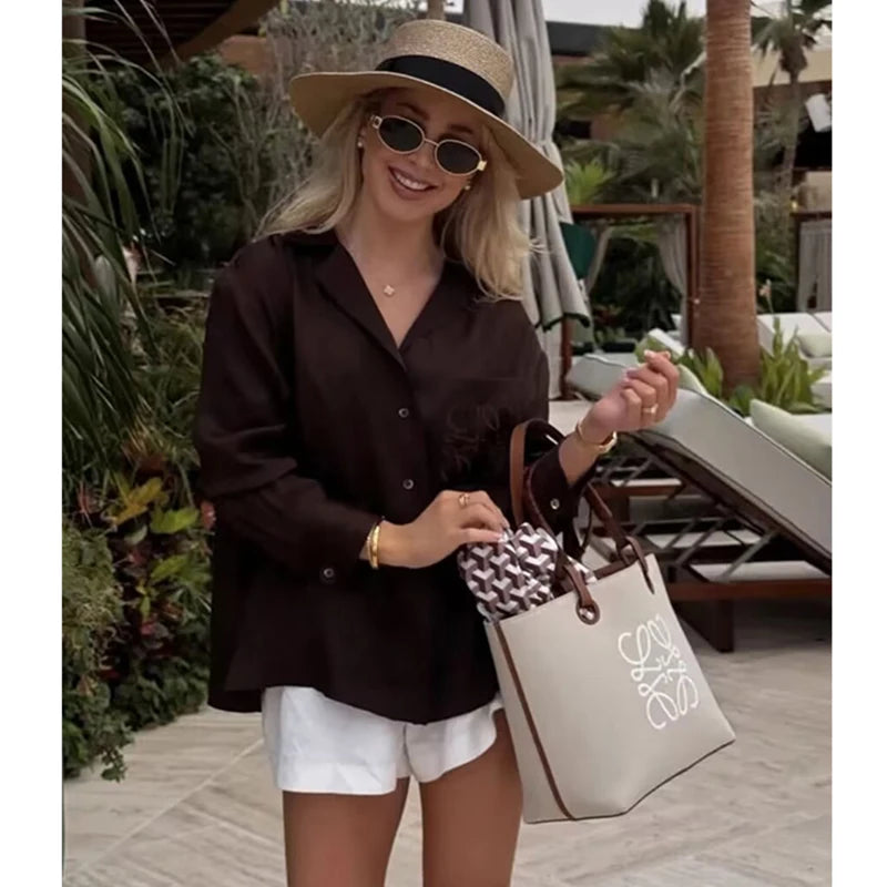 Women's Shirts Autumn 2025 New Fashion Office Shirts Women Chic Pocket Embroidery Retro Elegant Loose Young Blouses Street Tops