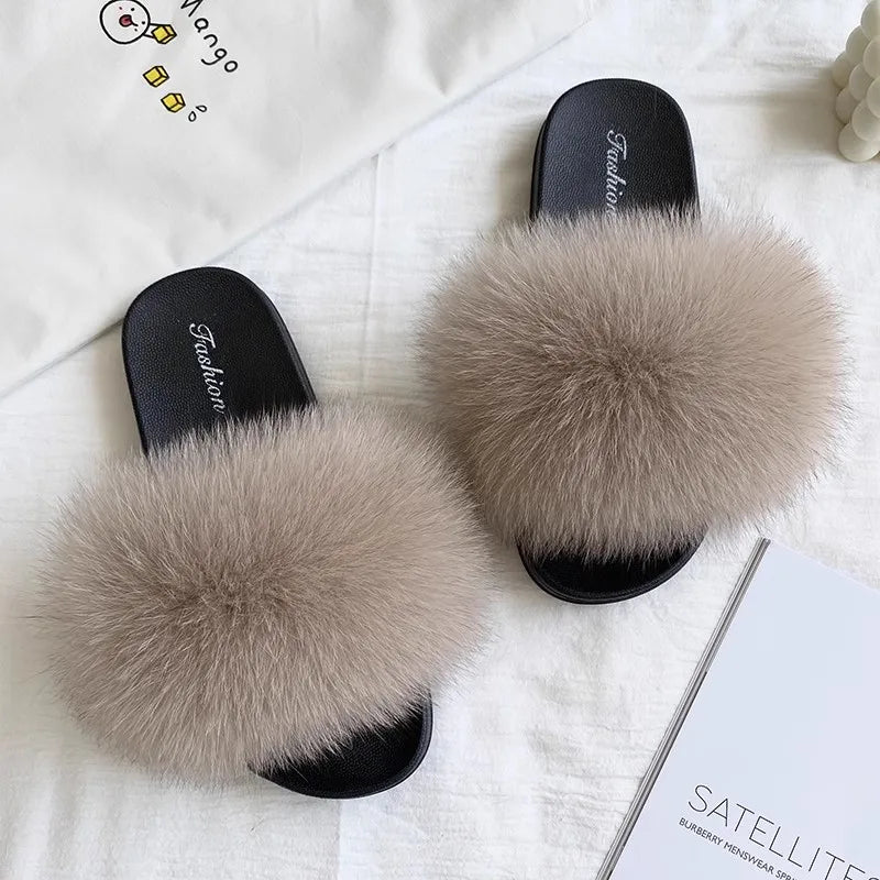 Fashion Lovely Real Fox Fur Slippers Women, Luxury Flat Sandals