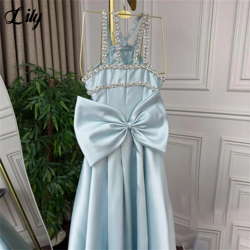Lily Light Blue Prom Dress Shiny Beading Halter Party Dresses Stain  Sleeveless Celebrity Gowns with Detachable Tail Customized