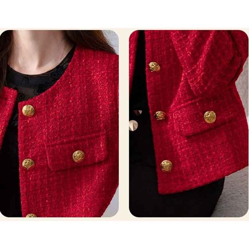 Women's Jacket 2025 New Autumn Fashion Red Tweed Small Fragrance Coat Ladies Short Blazers Korean Elegant Female Tops Outerwear