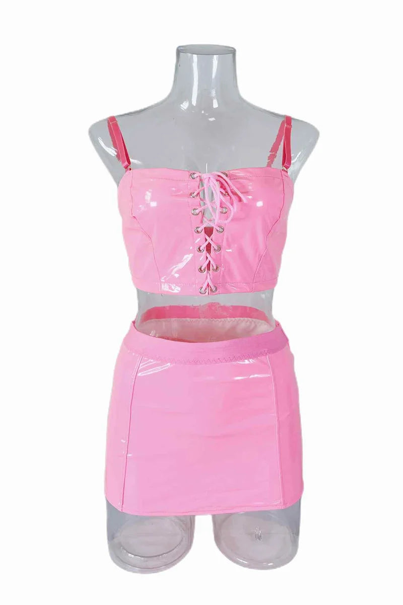 New Fashion Spicy Girl Sexy Two Pieces PU Lingerie Set Adult Lady Night Club Party Hot Costumes Stylish Street Wear Mini Skirt