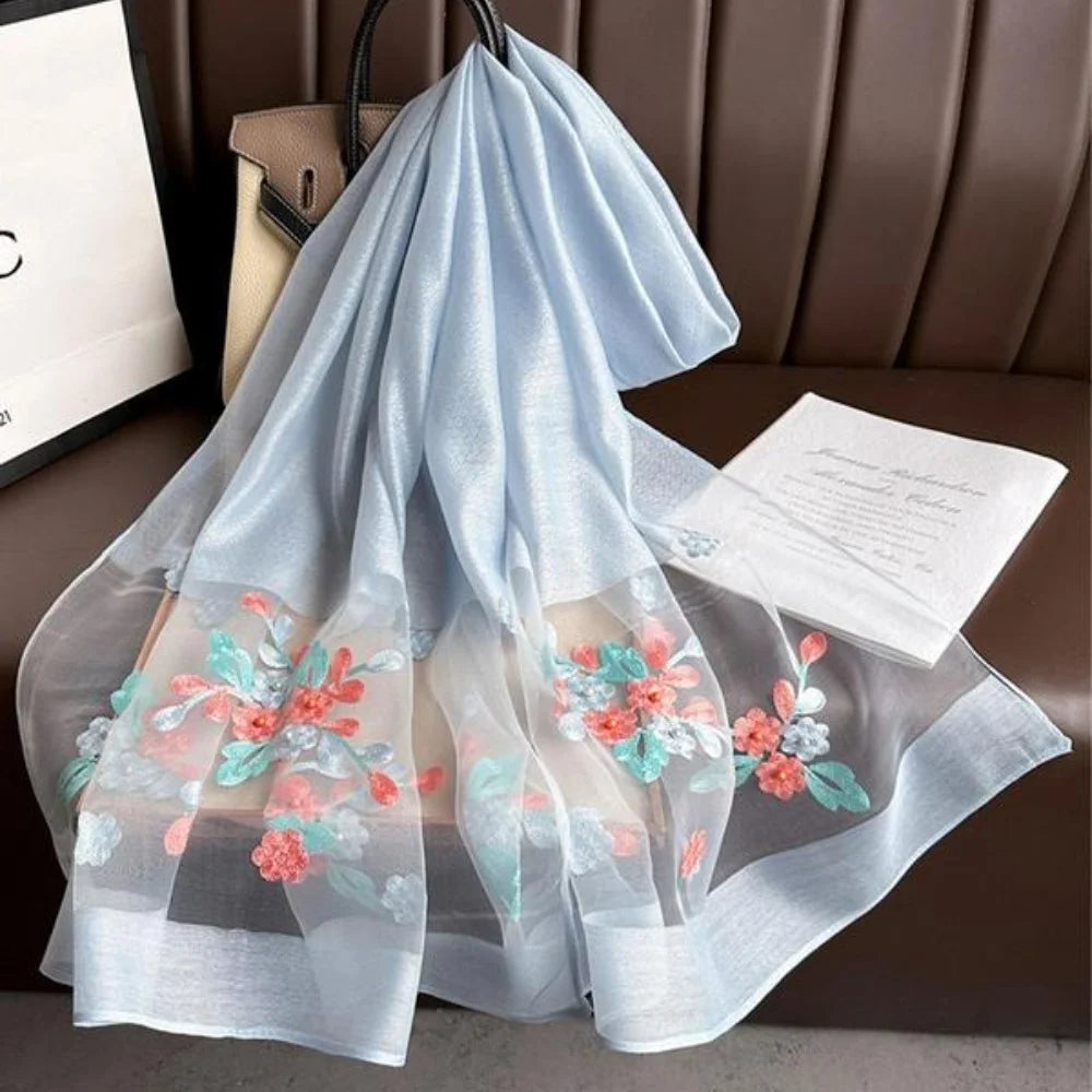 Elegant floral embroidered silk scarf for women, stylish sunscreen beach shawl with beaded trim, bohemian windproof must-have