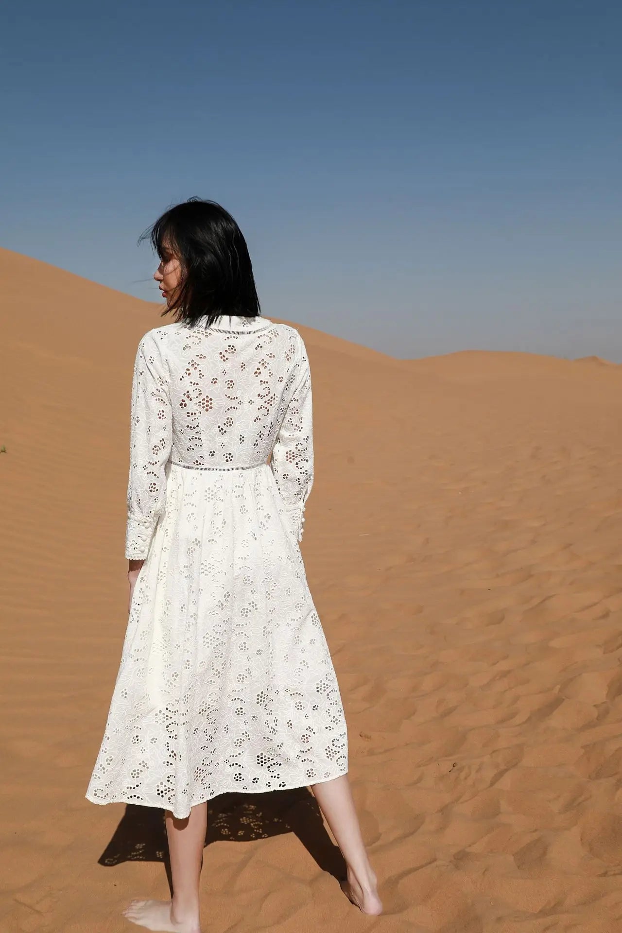 Long Sleeve Lace Dress For Women Robe Vintage V-neck Hollow Out Boho Floral Embroidery Elegant Dresses Ladies Party Vestidos