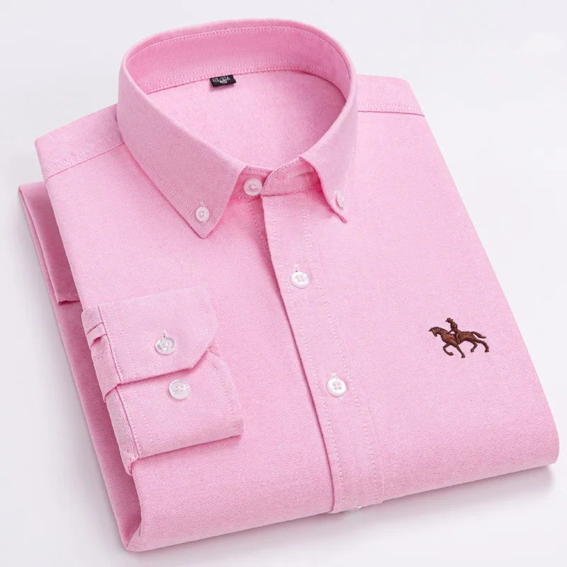 Men's 100% Cotton Oxford Washed Long Sleeve Dress Shirt — Embroidered Business Casual