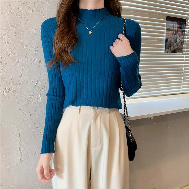 Woman Sweaters 2025 Autumn Winter Knitted Ribbed Turtleneck Sweater Women Clothes Long Sleeve Slim Basic Pullover Solid Tops
