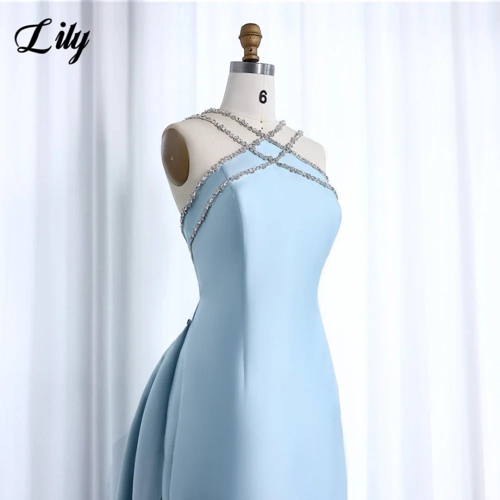 Lily Light Blue Prom Dress Shiny Beading Halter Party Dresses Stain  Sleeveless Celebrity Gowns with Detachable Tail Customized