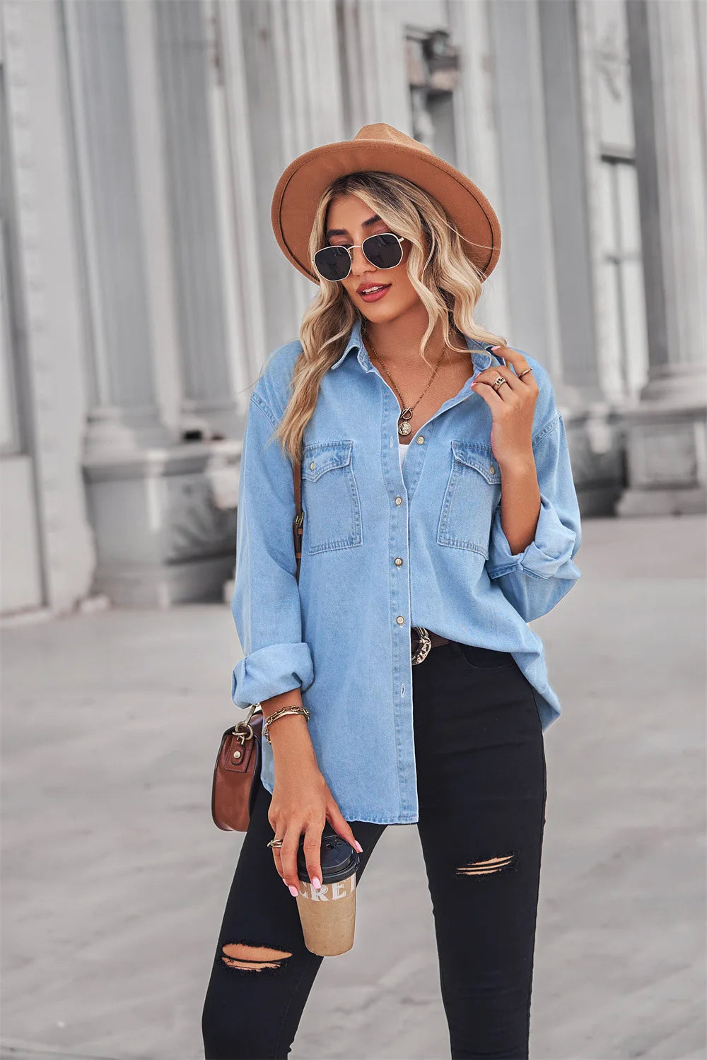 Women Button Down Denim Shirt Casual Long Sleeve V Neck Chambray Blouse Top Boyfriend Style Loose Fit Daily Wear Jean Shirts