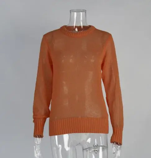 Women's Sweater 2025 Spring Autumn New Comfortable Round Neck Long Sleeve Casual Knitted Basic Semi Transparent Pullover Sweater