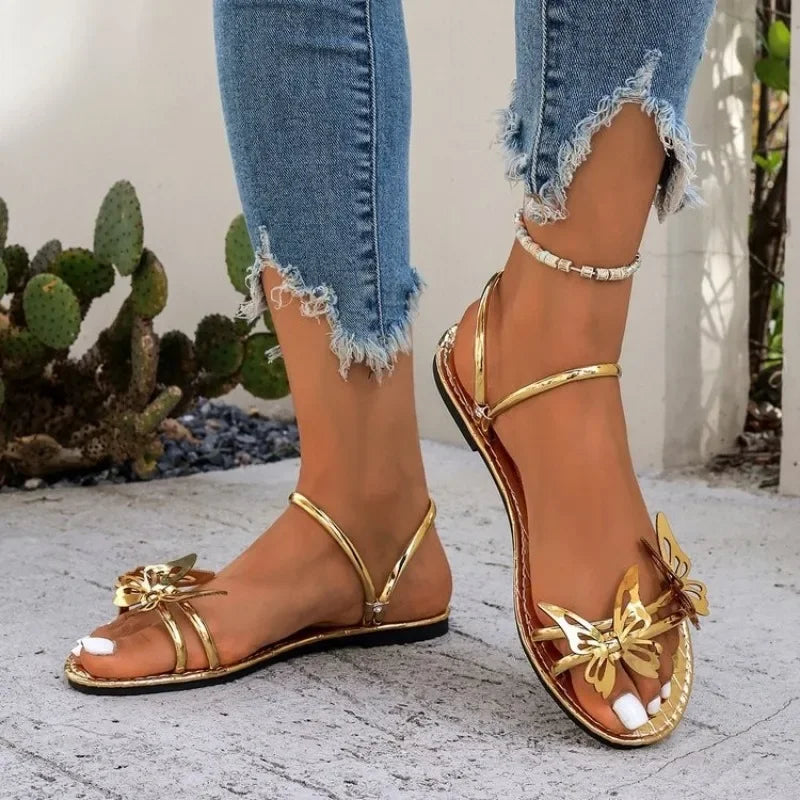 Women's Sandals Summer Comfortable Casual Shoes Flat Slippers Women's Shoes Beach Butterfly Gold Footwear