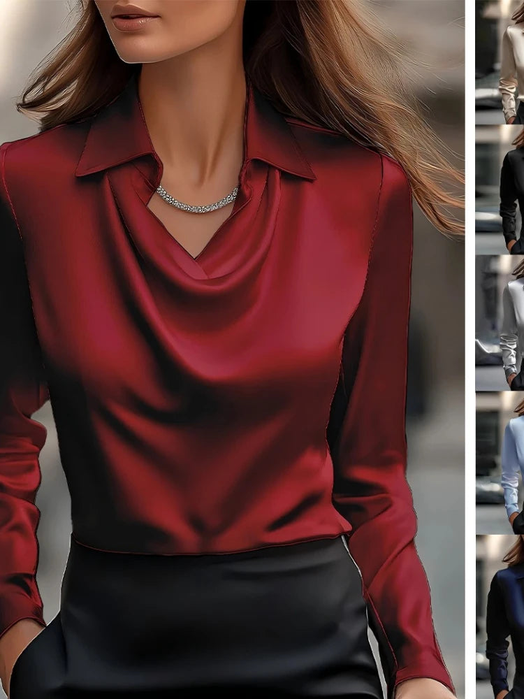 Women's Shirt Spring Autumn New in Style Lapel Swing Collar Long Sleeve Shirt Solid Color Smooth Satin Loose Fit Shirt Tops