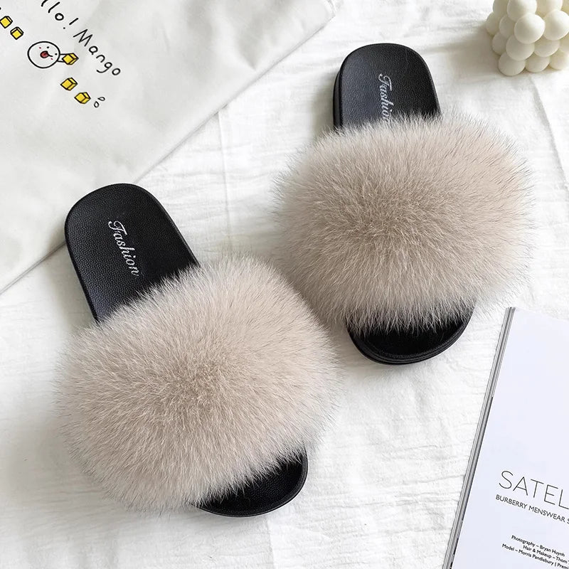 Fashion Lovely Real Fox Fur Slippers Women, Luxury Flat Sandals