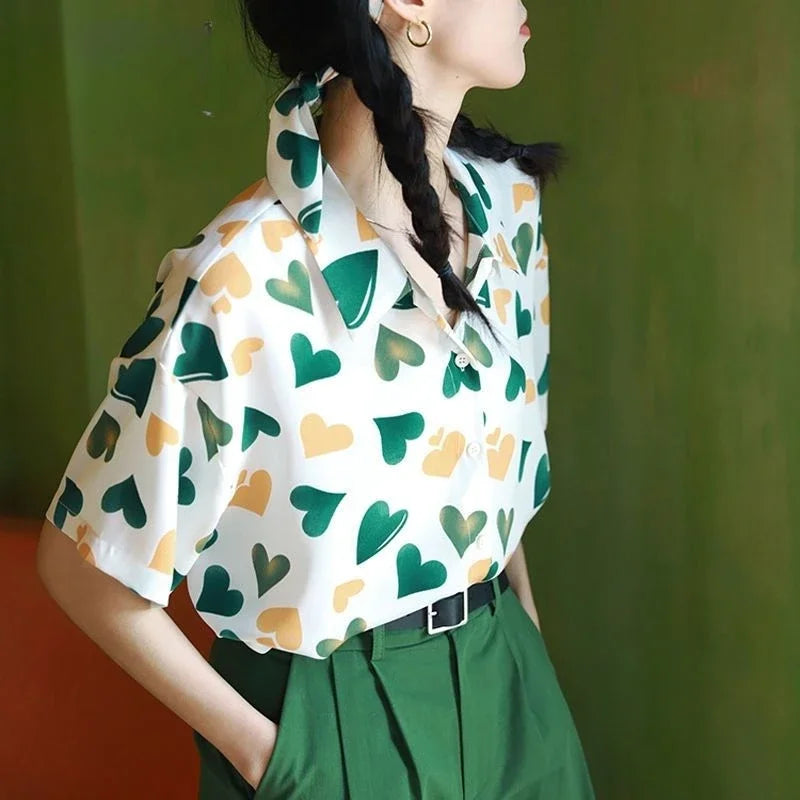 Woman Top Love Shirts & Blouses for Women Green New Collection 2025 Elegant and Youthful S Y2k Fashion Clothing Sales Cool Cute